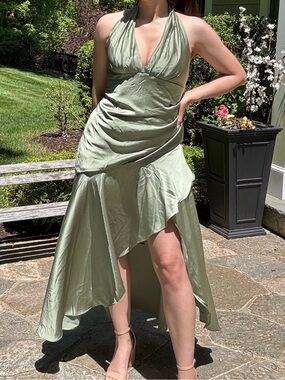 Satin Halter High-Low Dress in Sage Green